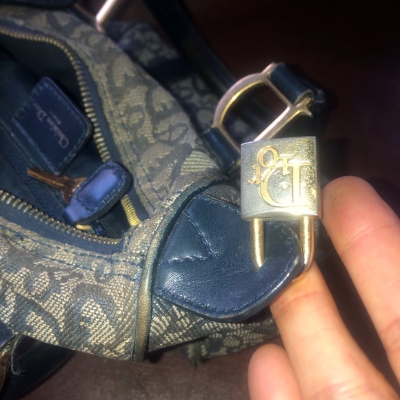 Christian Dior] Blue Logo Denim Leather Boston bag with lock + key - Picture 16 of 16